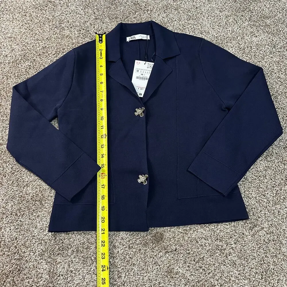 ZARA Women's Flower Button Knit Cardigan Blazer Size M In Navy - Picture 8 of 10